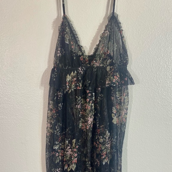 Black floral sheer strappy V-neck ruffle open back overlay midi dress. Pretty!🌸 - Picture 12 of 16